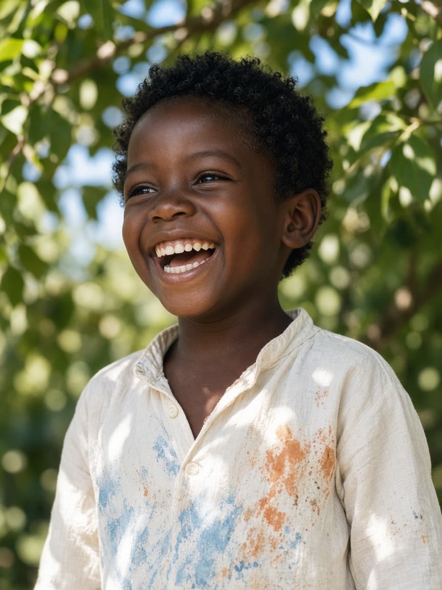 A young child smiling outdoors under green leaves