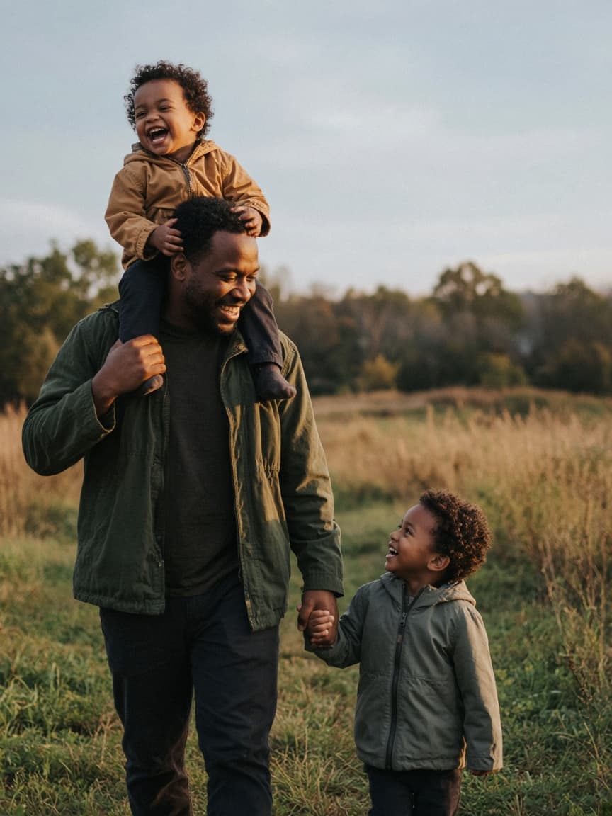 A father walking through a field with one child on his shoulders and another holding his hand
