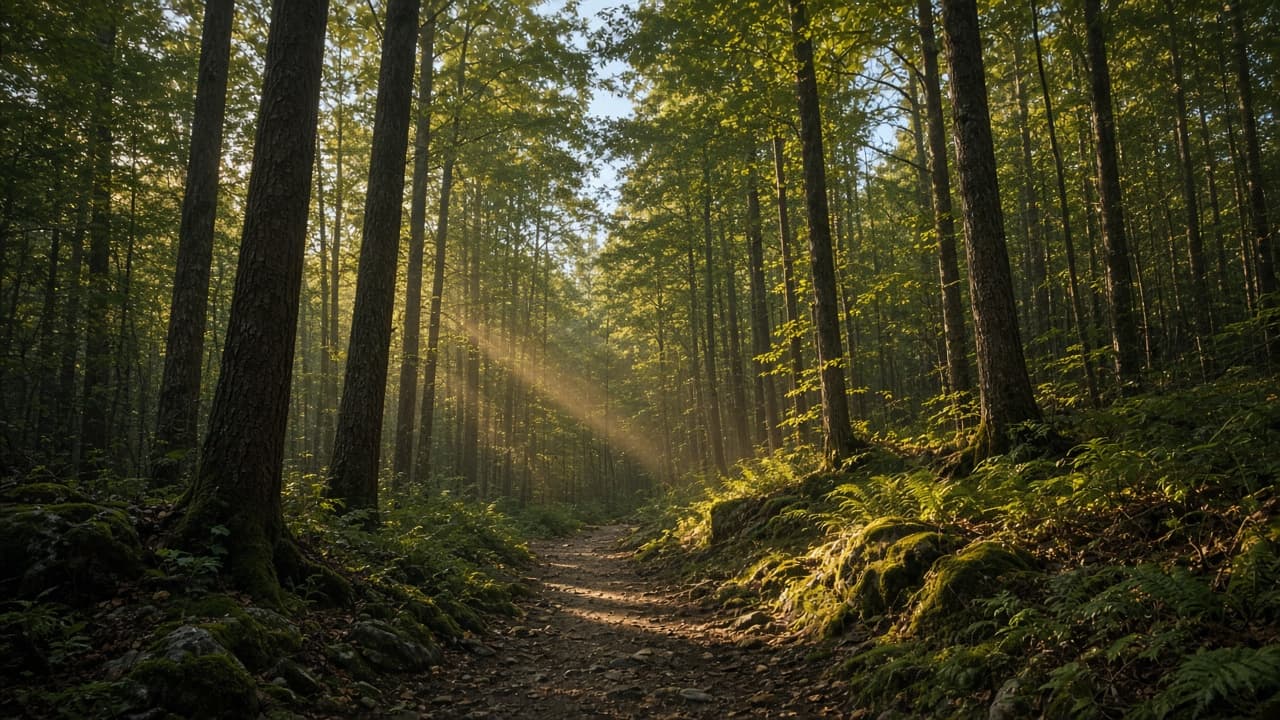 Sunlight falling through a stand of trees onto a quiet path