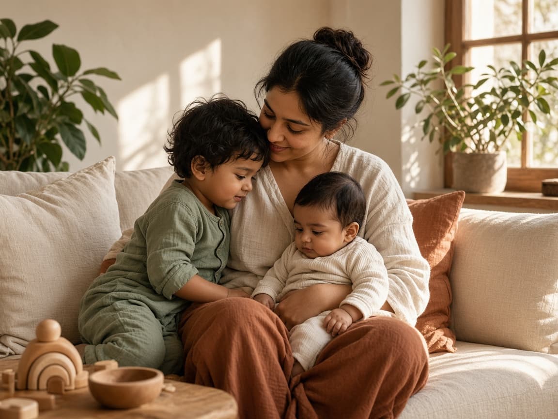 A parent on a sofa with a toddler and a baby in warm afternoon light