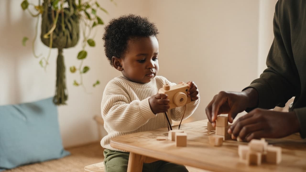 A toddler at a low wooden table holding a wooden toy camera, with an adult arranging blocks nearby