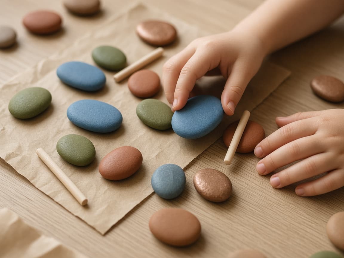 A child's hands arranging painted stones in sky blue, olive, and clay colors