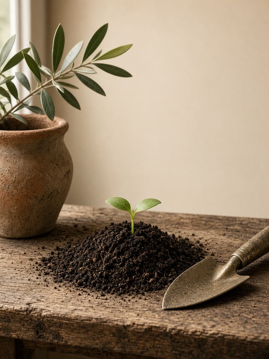 A young seedling in dark soil beside a clay pot and a garden trowel